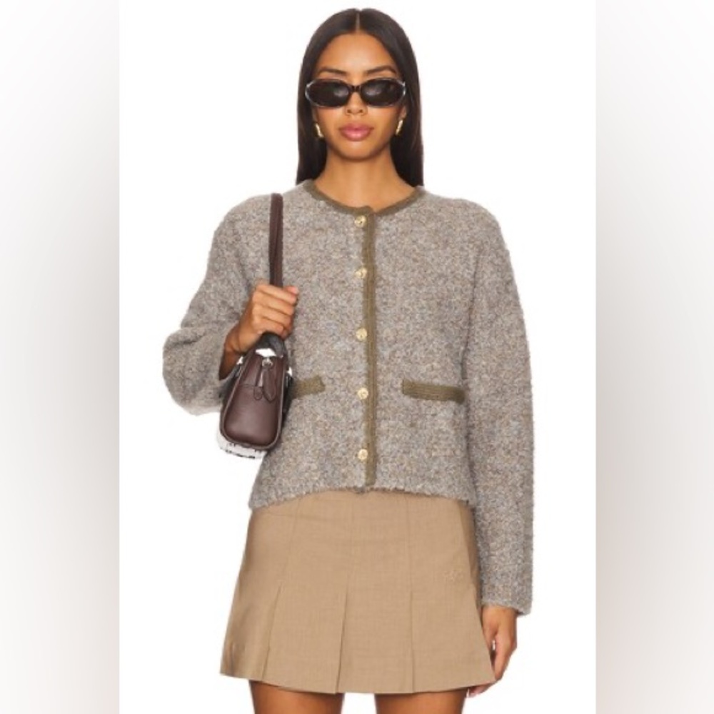 Line & Dot Revolve Wool Knit Mayfair Sweater Fuzzy Cardigan Button Up Grey Multi